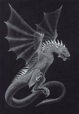 Bir beyaz kalemle çizilmiş üç dragons (Bu bir iki bacak artı kanatları ile),.
