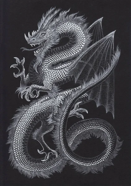 One of the three dragons (this one with four legs plus wings), drawn with white pen.