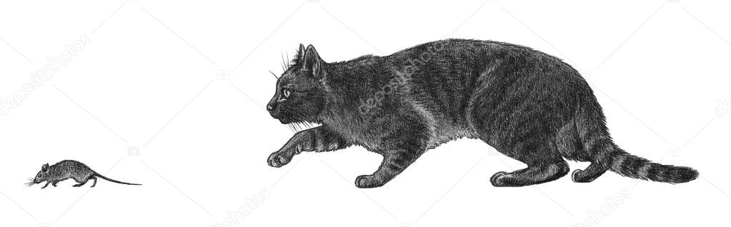 A drawing of a cat sneakily chasing after a mouse.