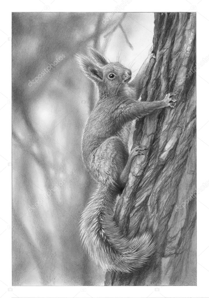 A pencil drawing of a european squirrel on a tree.