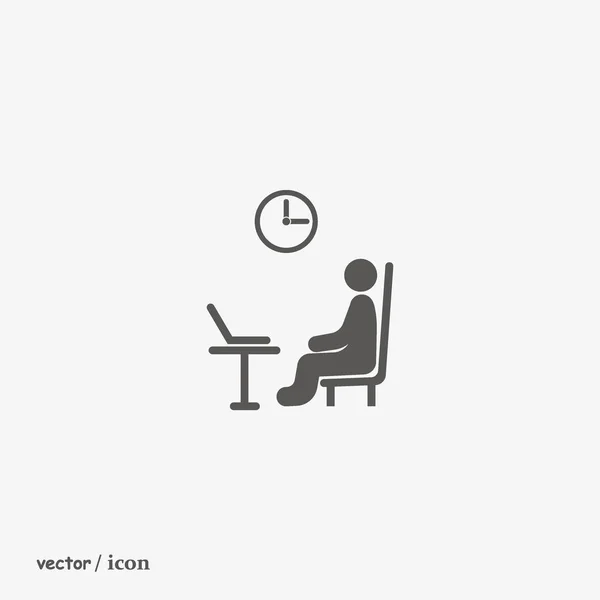 Icône Vectorielle Employé Bureau Assis Table Avec Ordinateur Horloge Sur — Image vectorielle