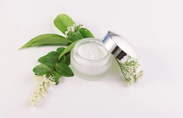 Jar of cream for skincare with herbs and flowers — Stock Photo, Image