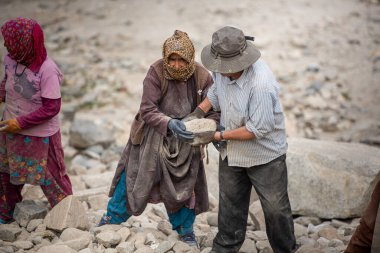 Ladakh 'ta çalışan kadın ve erkekler.