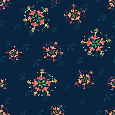 Sorunsuz vektör desen özellikleri bitkisel motifler koyu mavi arka plan ile soyut. Kumaş, scrapbooking ve duvar kağıdı projeleri için ideal.
