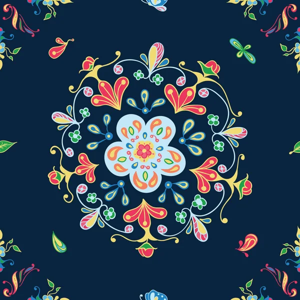 Sorunsuz vektör desen renkli çiçek mandala motifleri koyu mavi arka plan ile özellikleri. Kumaş, scrapbooking ve duvar kağıdı projeleri için ideal.