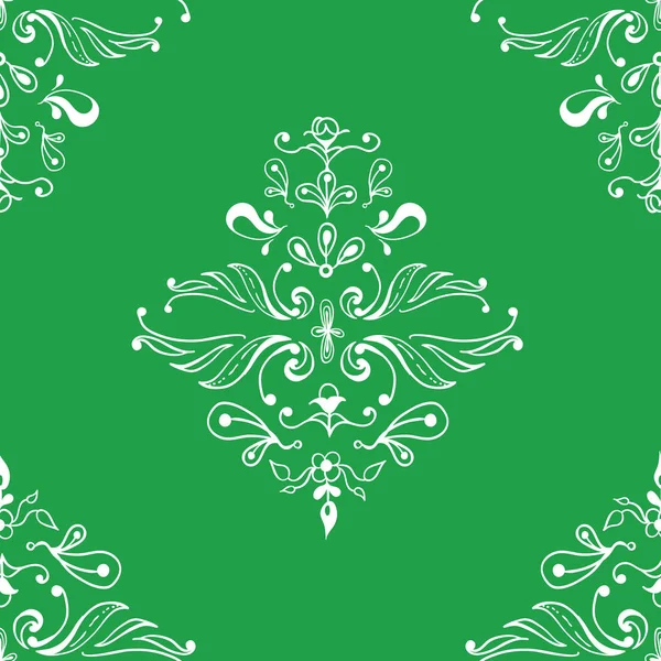 Sorunsuz vektör desen özellikleri yeşil bir arka plana sahip dekoratif motifler beyaz. Kumaş, scrapbooking ve duvar kağıdı projeleri için ideal.
