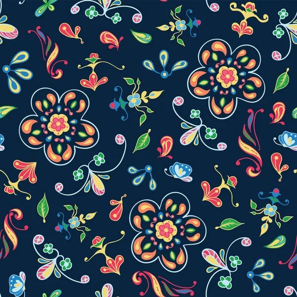 Sorunsuz vektör desen renkli çiçek mandala motifleri koyu mavi arka plan ile özellikleri. Kumaş, scrapbooking ve duvar kağıdı projeleri için ideal.