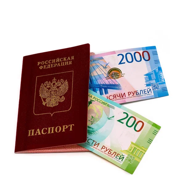 Passaporte Estrangeiro Dinheiro Contas Rússia Sobre Fundo Branco — Fotografia de Stock