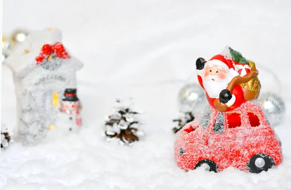 Santa Claus Car House Figurine Christmas Background New Year Christmas — Stock Photo, Image