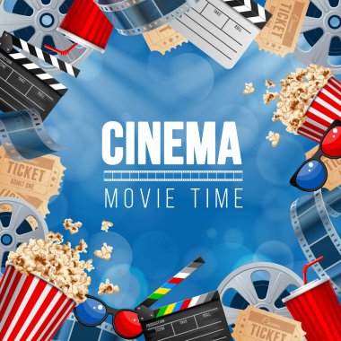 Sinematografı kavramı afiş tasarım şablonu patlamış mısır, içki, film makaraları, film kaset, klaket ve bilet üzerinde mavi bokeh arka plan ile. Vektör çizim.