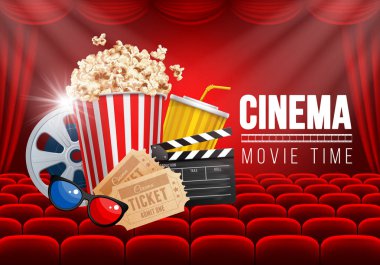Sinematografı kavramı afiş tasarım şablonu patlamış mısır ve zemin kırmızı koltuklar ve perde üzerine sinema konulu diğer öğelerle birlikte. Vektör çizim.