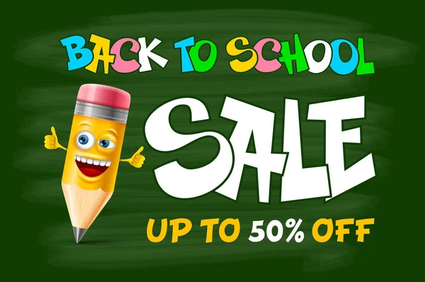 Back School Sale Design Cheerful Cute Cartoon Pencil Chalkboard Background — Stock Vector