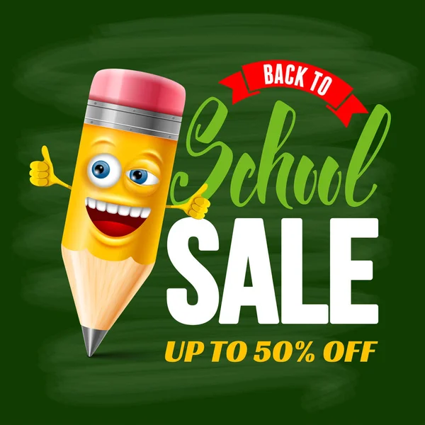 Back School Sale Design Cheerful Cute Cartoon Pencil Chalkboard Background — Stock Vector