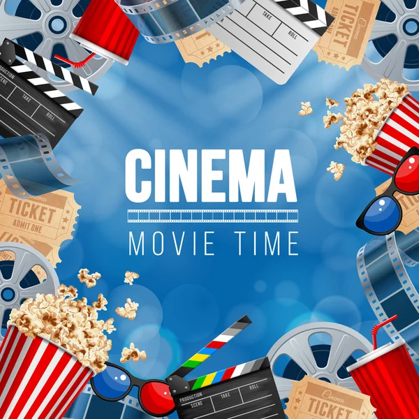 Sinematografı kavramı afiş tasarım şablonu patlamış mısır, içki, film makaraları, film kaset, klaket ve bilet üzerinde mavi bokeh arka plan ile. Vektör çizim.