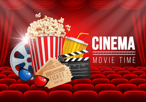 Cinematograph concept banner design template with popcorn and other elements on cinema theme on background with red seats and curtain. Vector illustration.