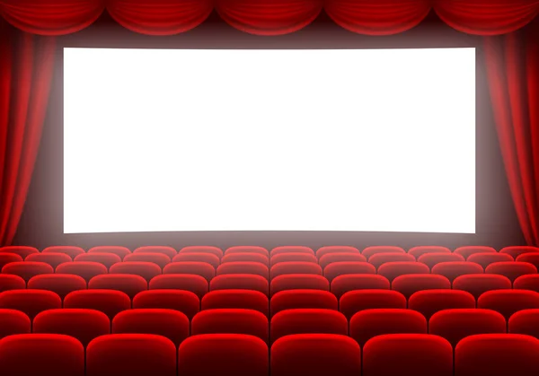 电影院大厅 白色发光的屏幕 窗帘和排红色座椅 矢量插图 — 图库矢量图片