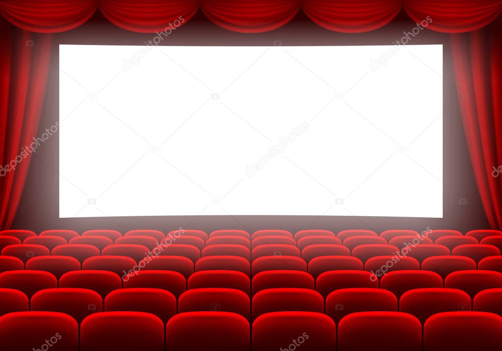 Cinema hall with white glowing screen, curtain and rows of red seats. Vector illustration.