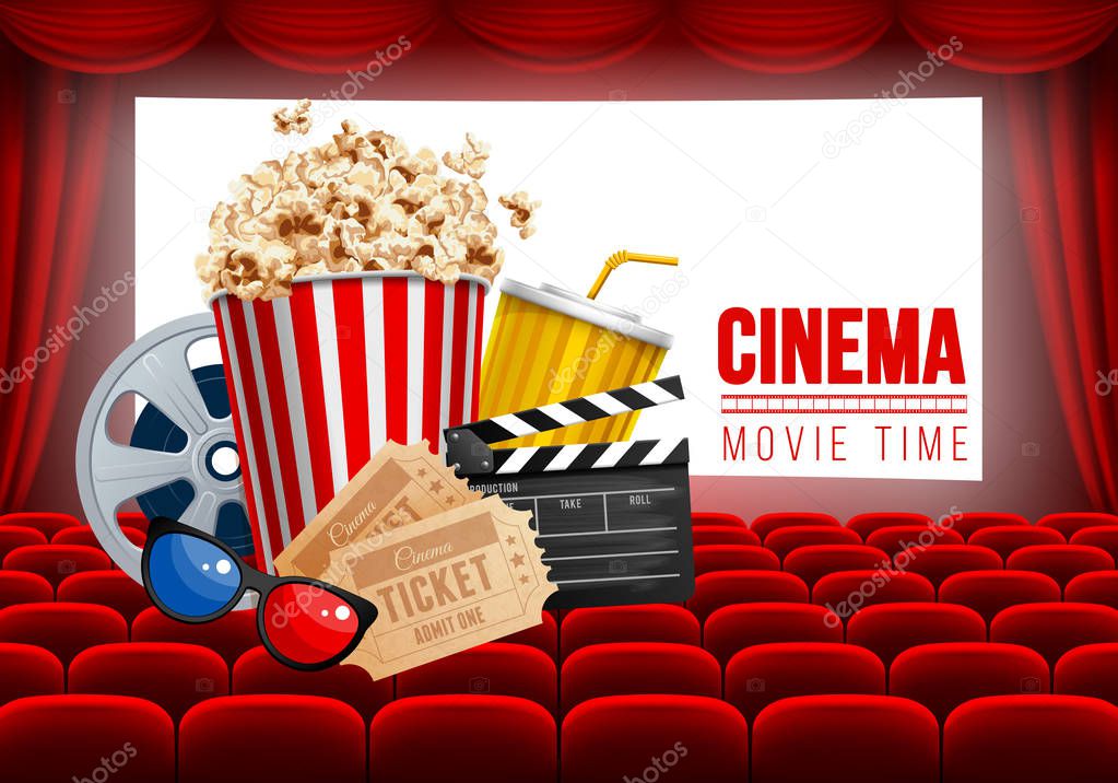 Cinematograph concept banner design template with popcorn and other elements on cinema theme on background with seats and white glowing screen. Vector illustration.