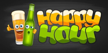 Happy Hour. Vintage vektör çizim yazı ve sevimli neşeli bira cam ve şişe. 