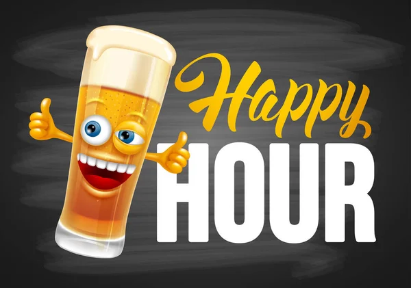 Happy Hour Illustrazione Vettoriale Vintage Con Lettering Simpatico Bicchiere Birra — Vettoriale Stock