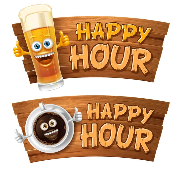 Happy Hour Vintage Vektoros Illusztráció Betűk Aranyos Csésze Vidám Kávé — Stock Vector