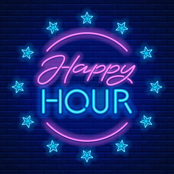 Happy Hour Reális Neonfény Téglafal Háttér Vektoros Illusztráció — Stock Vector