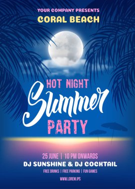 Summer Night party poster romantic design with silhouette of the palm leaves, full moon and it reflection in the sea water near the beach. Vector illustration clipart