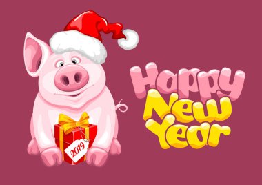 Greeting design with cute cartoon piggy in Santa Claus hat and with gift box, sitting and smile. Symbol of 2019 chinese new year. Fun lettering Happy New Year. Vector illustration. 