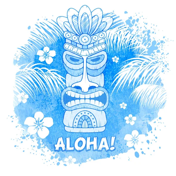 Maschera Legno Tribale Tiki Palme Sfondo Acquerello Elementi Tradizionali Hawaiani — Vettoriale Stock