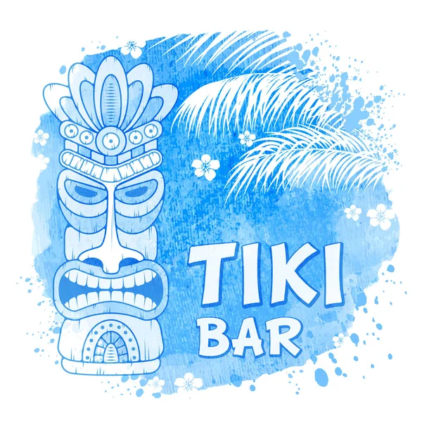 Tiki Stammesmaske Aus Holz Palmen Auf Aquarell Hintergrund Hawaiianische Traditionelle — Stockvektor