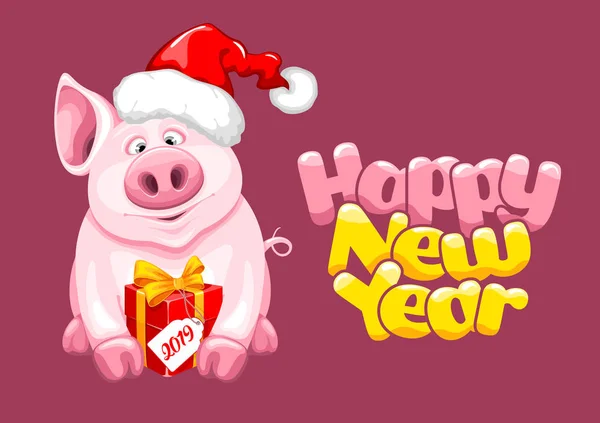 Привітання Дизайну Милий Мультфільм Piggy Санта Клауса Капелюх Подарунковій Коробці — стоковий вектор