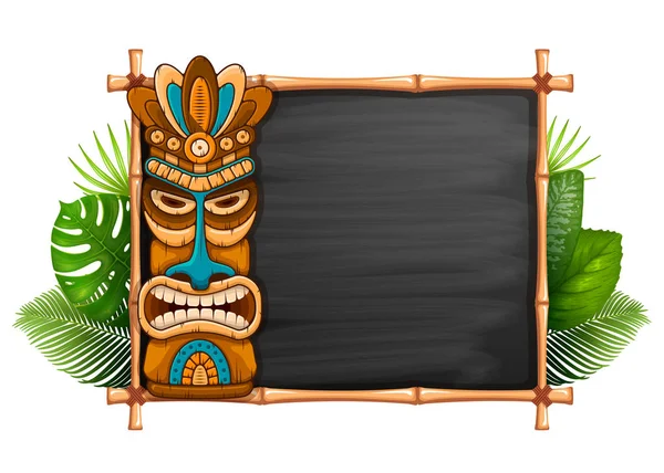 Tiki tribal wooden mask, tropical exotic plants and bamboo frame with space for your text. Hawaiian traditional elements, totem symbol. Isolated on white background. Vector illustration.