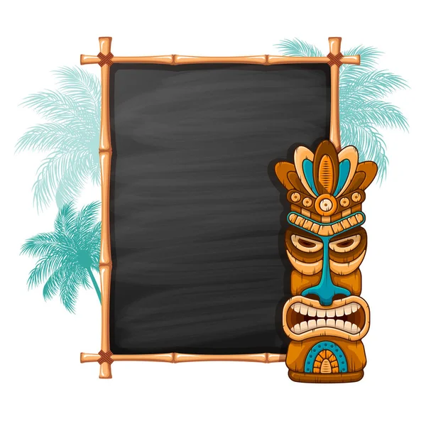 Tiki Tribal Wooden Mask Palm Trees Bamboo Frame Space Your — Stock Vector