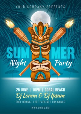 Yaz gecesi parti afiş tasarımı Tiki maske, bambu meşale ve palmiye yaprakları, dolunay ve bu silueti ile plaja yakın deniz suyu yansıması. Vektör çizim