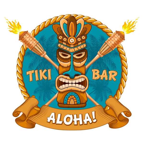 Tiki Houten Masker Bamboe Toorts Uithangbord Van Bar Hawaiian Traditionele — Stockvector