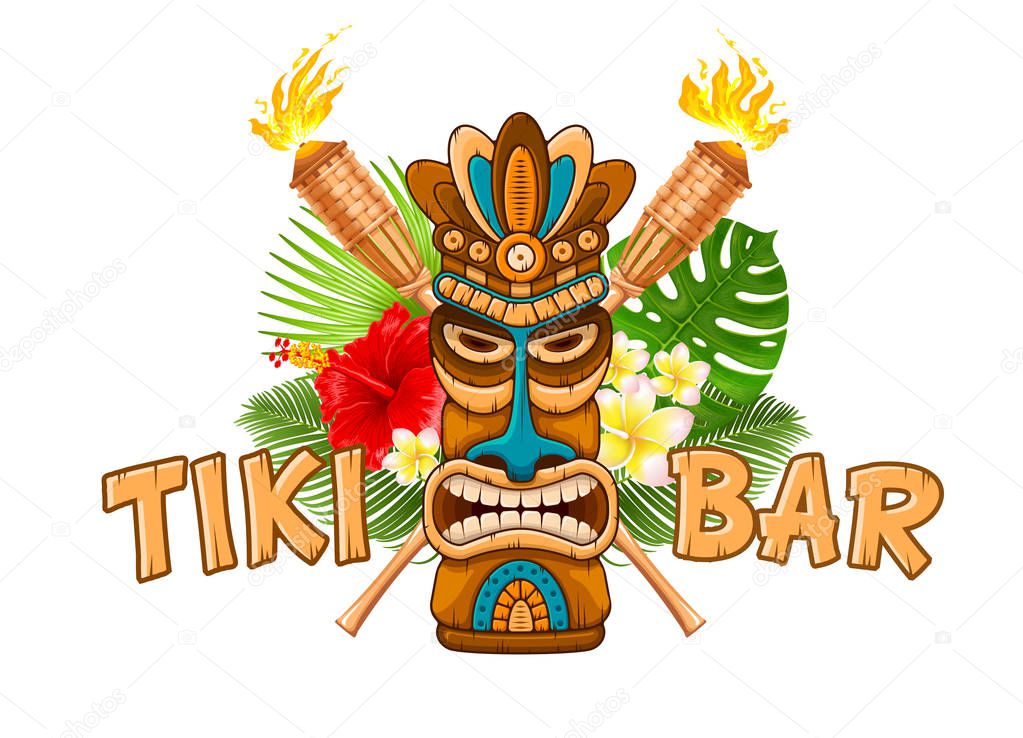 Tiki tribal wooden mask, beach bamboo torch, tropical exotic plants and signboard of bar. Hawaiian traditional elements. Isolated on white background. Vector illustration.