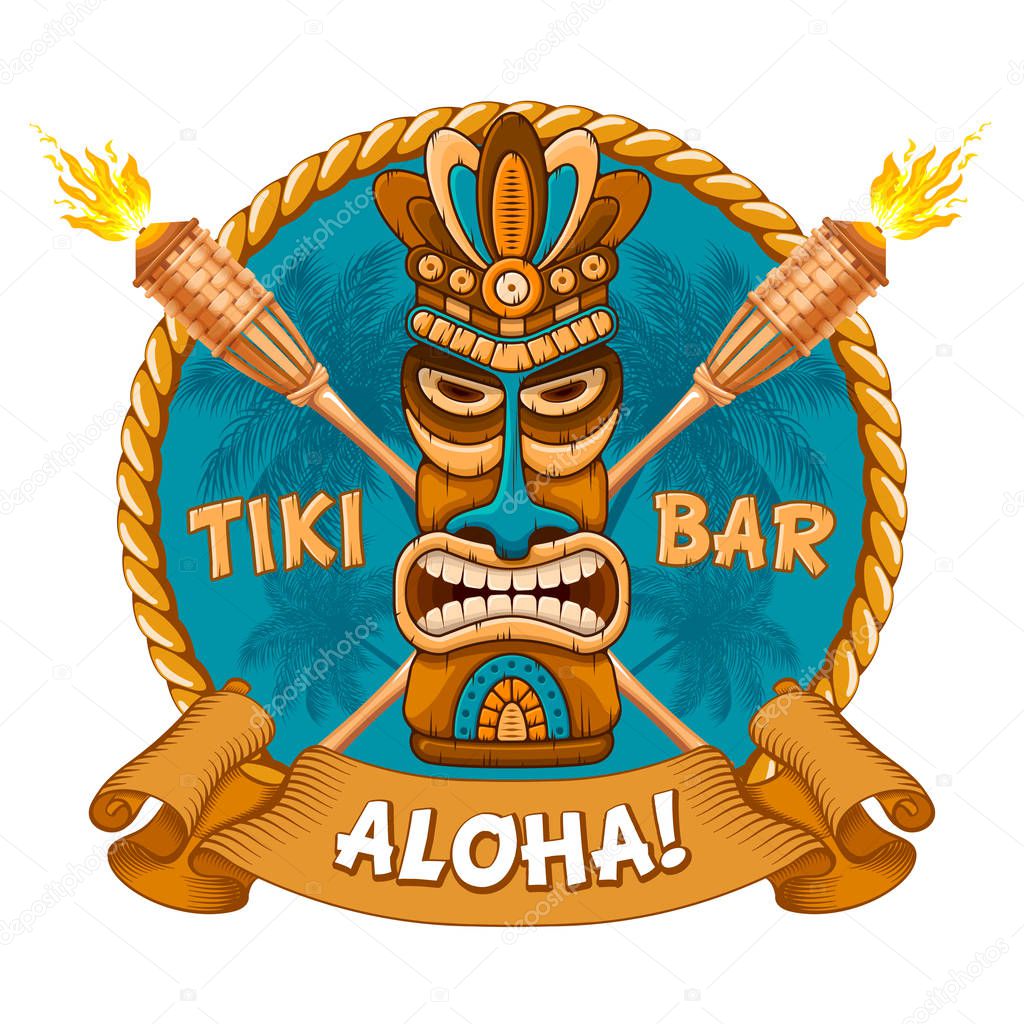 Tiki tribal wooden mask, bamboo torch and signboard of bar. Hawaiian traditional elements. Isolated on white background. Vector illustration.