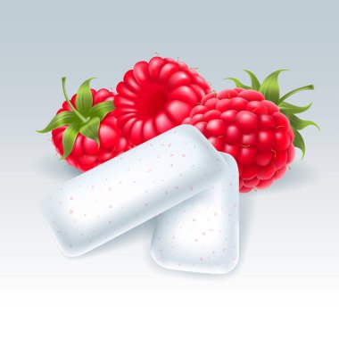 Ahududu lezzet ile sakız. Yastıkları taze olgun ahududu meyveleri ile çiğneme. Vektör çizim.