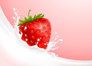 Sıçrama ile dökülen süt gibi taç ve çilek kremalı pembe arka plan karşı. Vektör gerçekçi çizim.