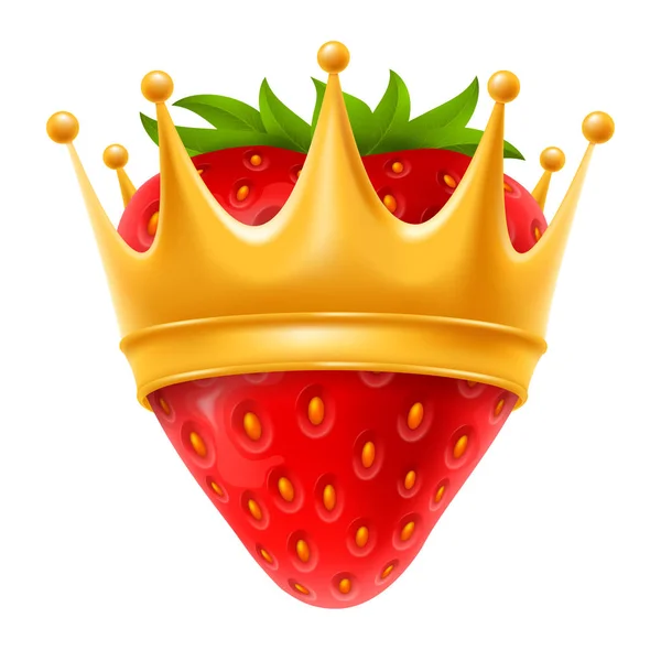Çilek Altın Taç Konsept Tasarımı Meyve Çilek Kraliçesi Gerçekçi Vektör — Stok Vektör