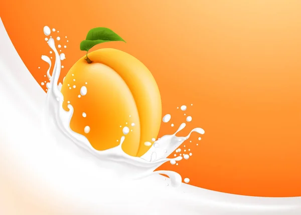 クリーミーなオレンジ色の背景に対してクラウン アプリコットの果実のようなスプラッシュと注いでミルク ベクトルのリアルなイラスト — ストックベクタ