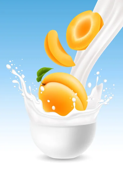 杏果全和小叶在白色陶瓷碗中与蓝色背景一起倾泻而成的乳汁 矢量逼真插图 — 图库矢量图片
