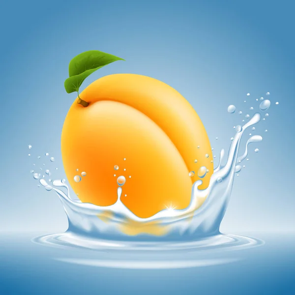 Fruta Madura Albaricoque Fresco Con Salpicadura Agua Sobre Fondo Azul — Vector de stock