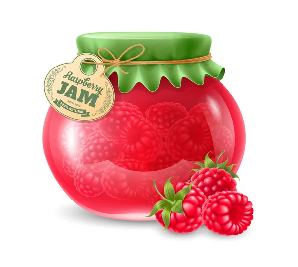 Doğal organik ev yapımı frambuaz reçeli cam kağıt etiketle kavanoz ve tekstil kapak ile dekore edilmiştir. Vektör çizim.