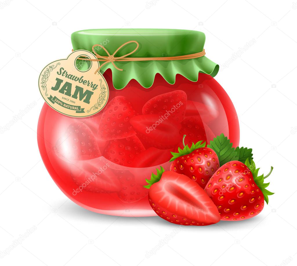 Natural organic homemade strawberry jam in the glass jar with paper label and decorated with textile cover. Vector illustration.