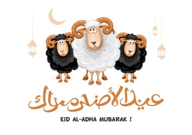 Eid Al Kurban Bayramı mübarek Arapça hat metni Müslüman topluluk Festivali kutlamaları için. Kurbanlık koyunlar ile tebrik kartı. Vektör çizim.