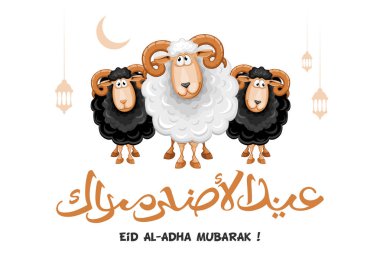 Arabic calligraphy text of Eid Al Adha Mubarak for the celebration of Muslim community festival. Greeting card with sacrificial sheeps. Vector illustration. clipart