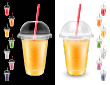 Tek kullanımlık plastik bardak bir küre kubbe ve bir kokteyl ya da iki yüzlü için hasır bir tüp ile kümesi. Şeffaf, siyah ve beyaz arka plan üzerinde izole. Farklı renkte. Gerçekçi vektör çizim.