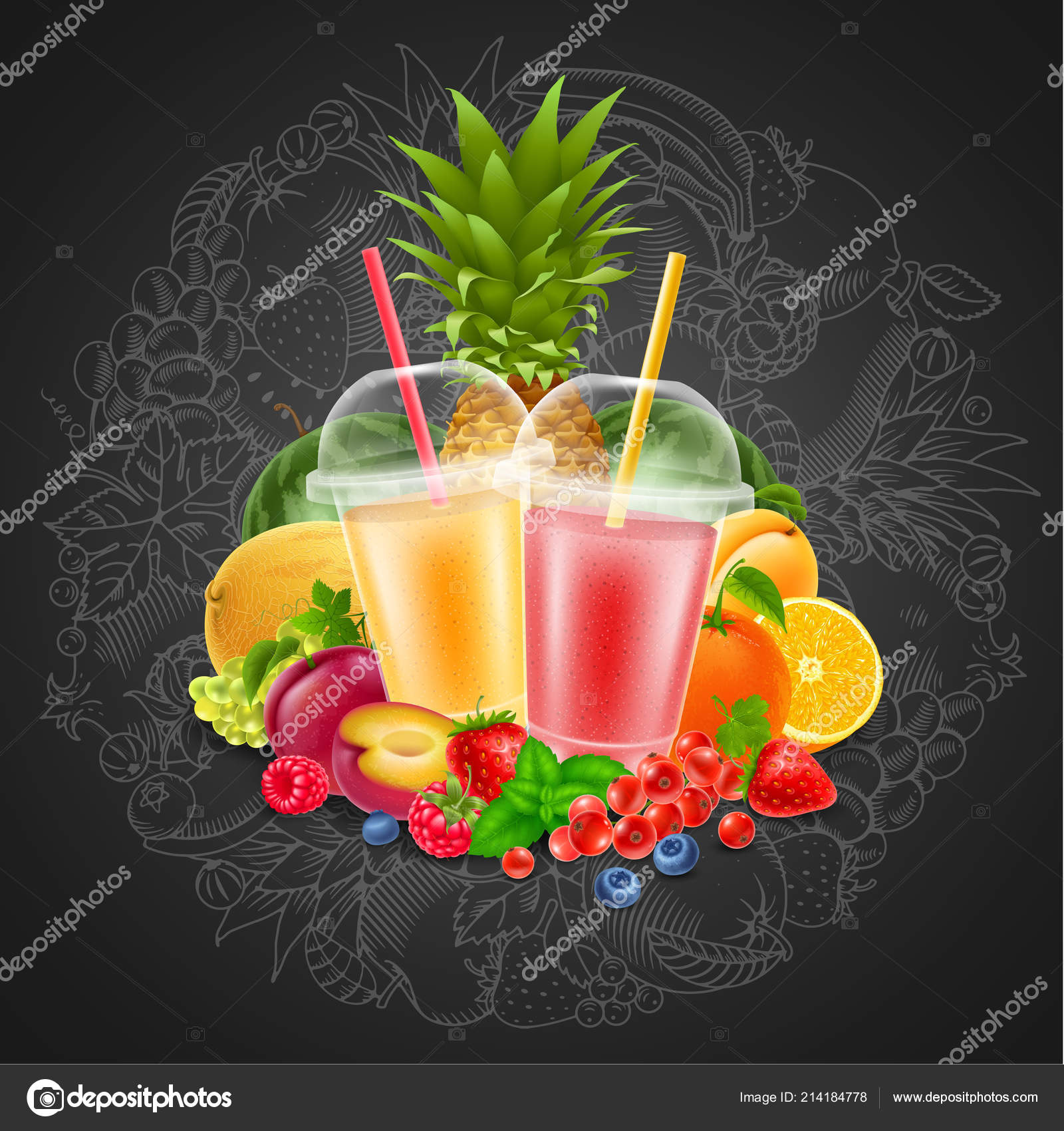 Plastic cup juice. Realistic color fruits smoothies in takeaway