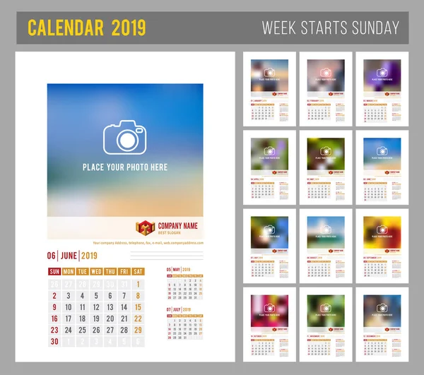 Ontwerp Van Maandelijks Wandkalender Voor 2019 Jaar Sjabloon Met Plaats — Stockvector